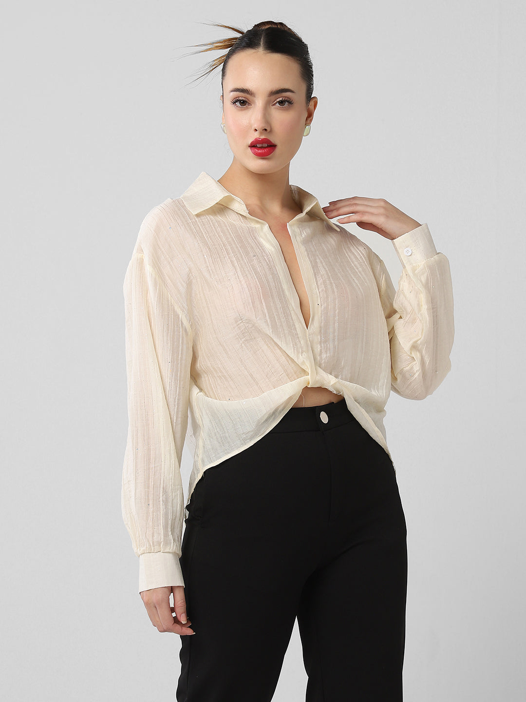 Women Cream Solid Shirt Style Crop Top