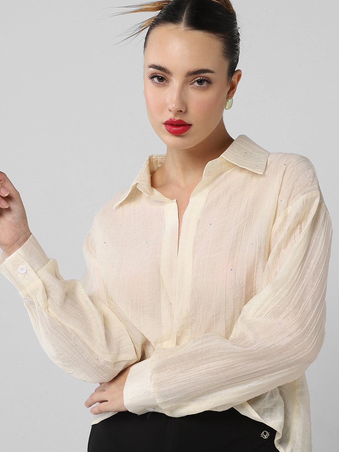 Women Cream Solid Shirt Style Crop Top