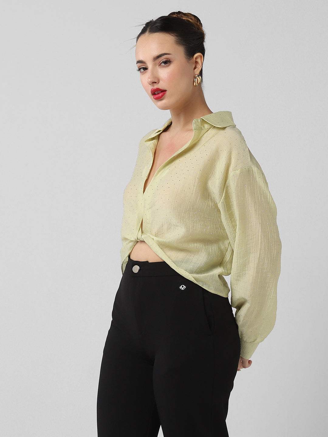 Women Green Solid Shirt Style Crop Top