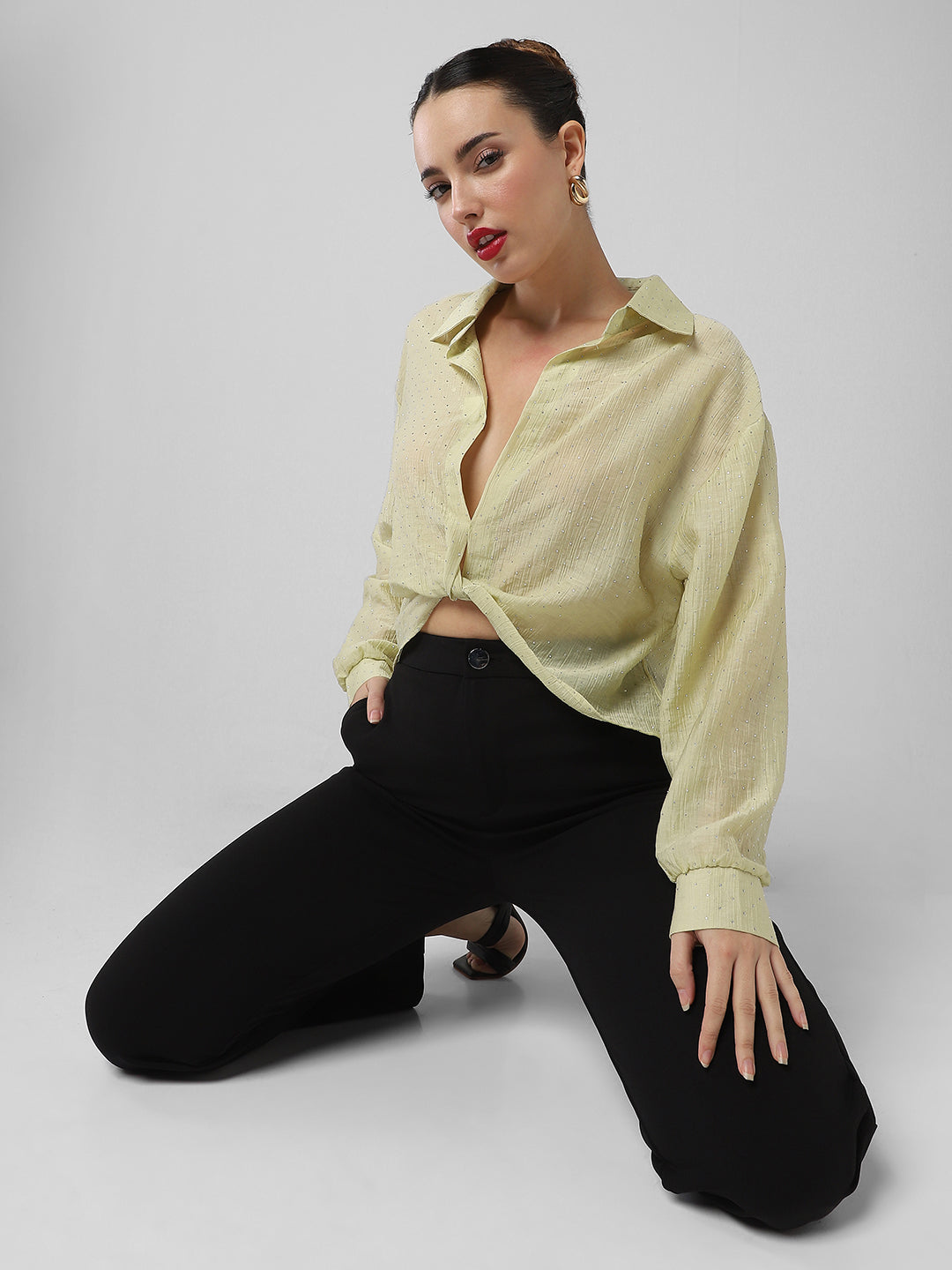 Women Green Solid Shirt Style Crop Top