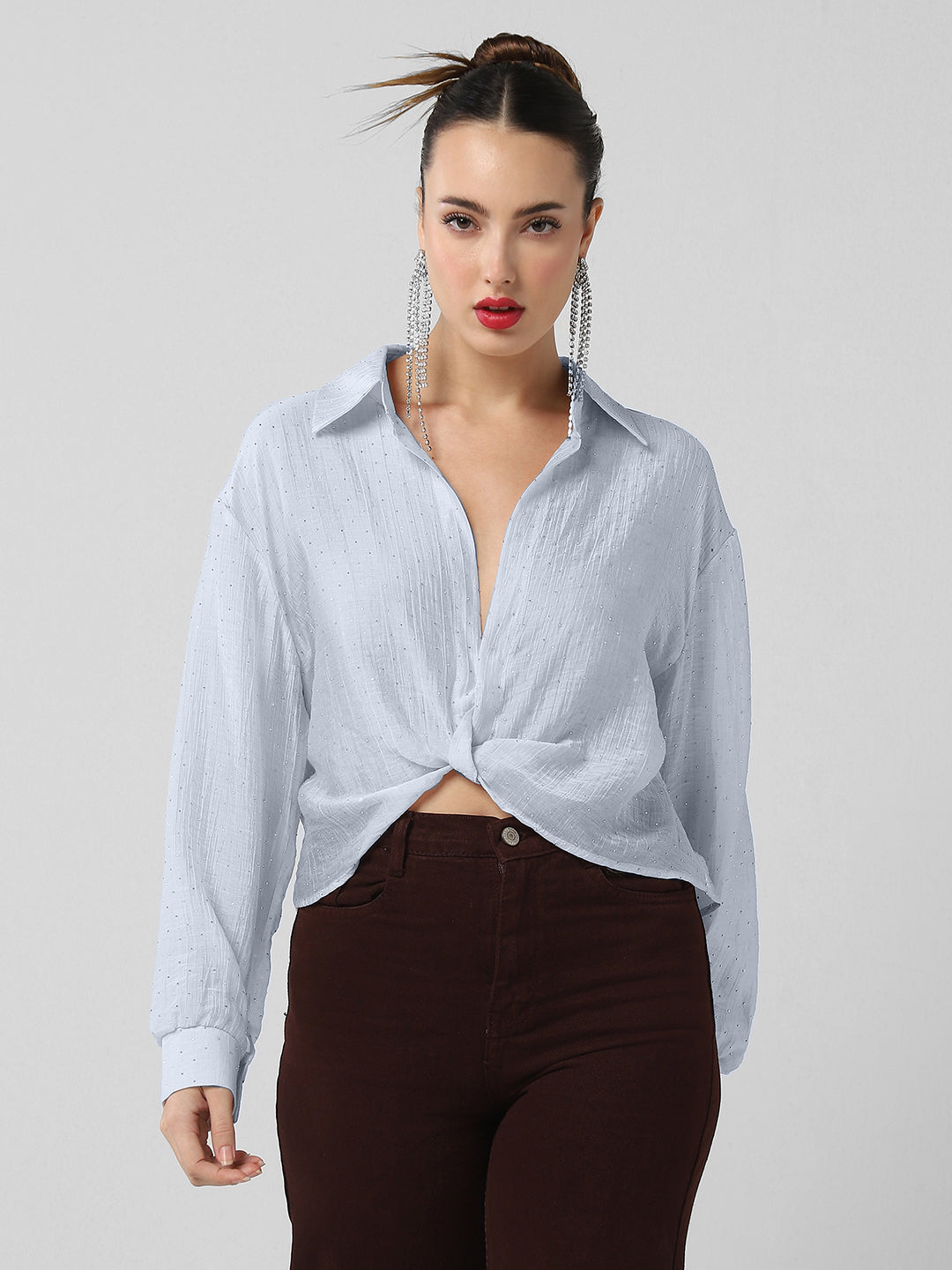 Women Blue Solid Shirt Style Crop Top