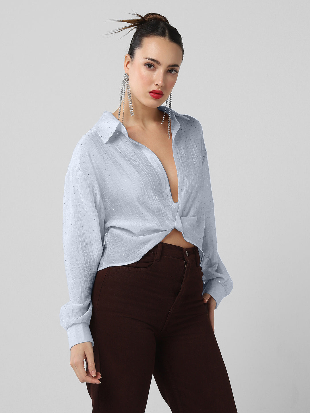 Women Blue Solid Shirt Style Crop Top