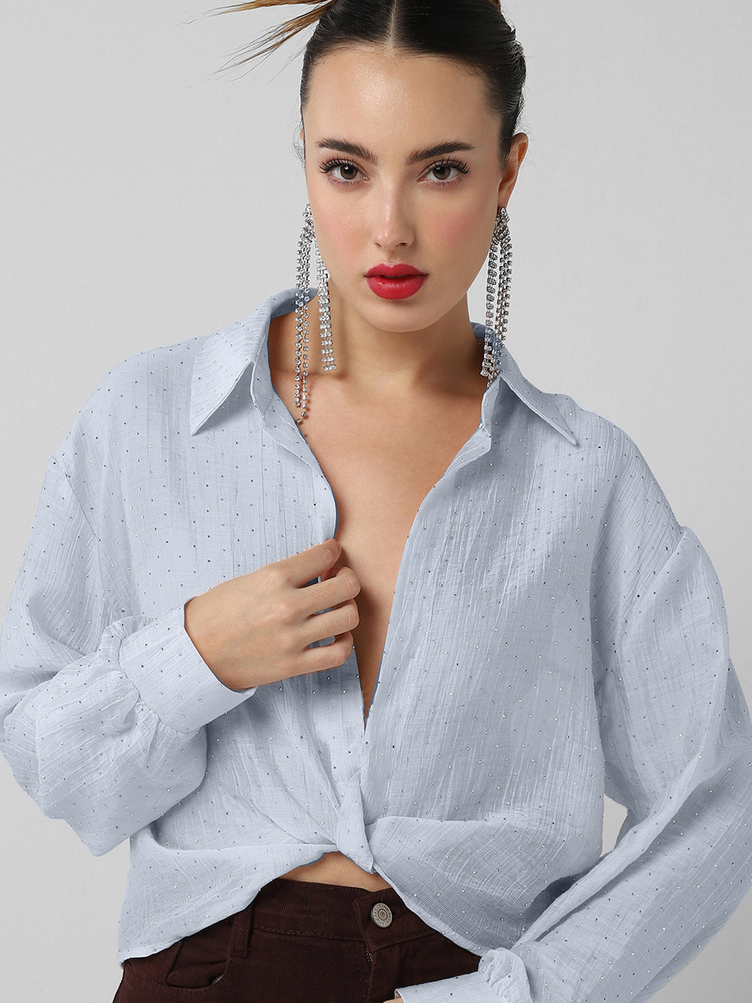 Women Blue Solid Shirt Style Crop Top