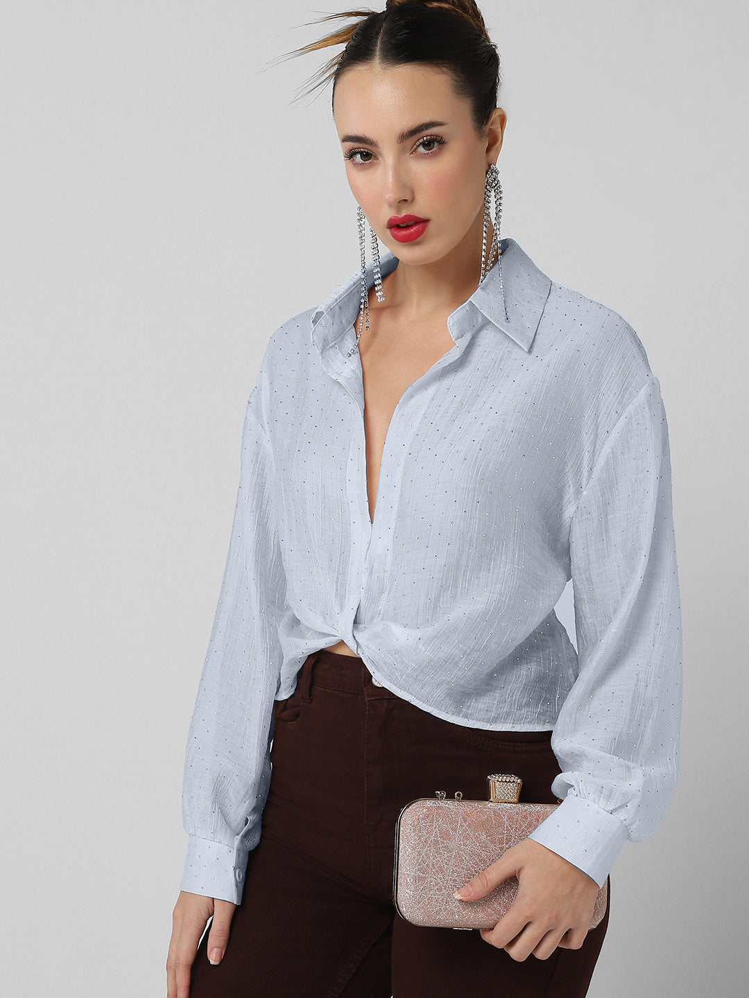 Women Blue Solid Shirt Style Crop Top