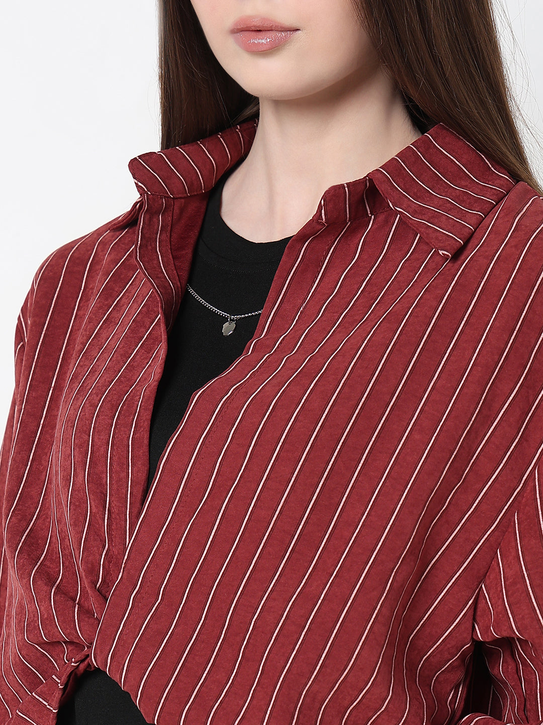 Women's Striped Maroon Shirt Collar Crop Top with Inner Tank Top & Neck Chain