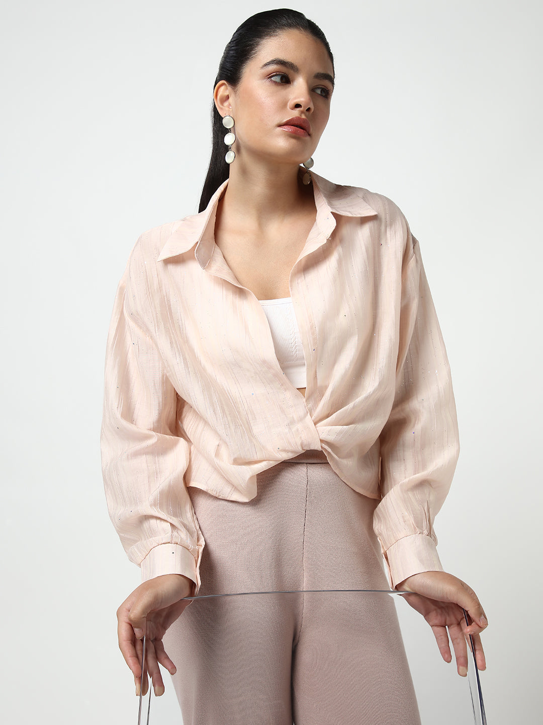 Women Peach Solid Shirt Style Crop Top