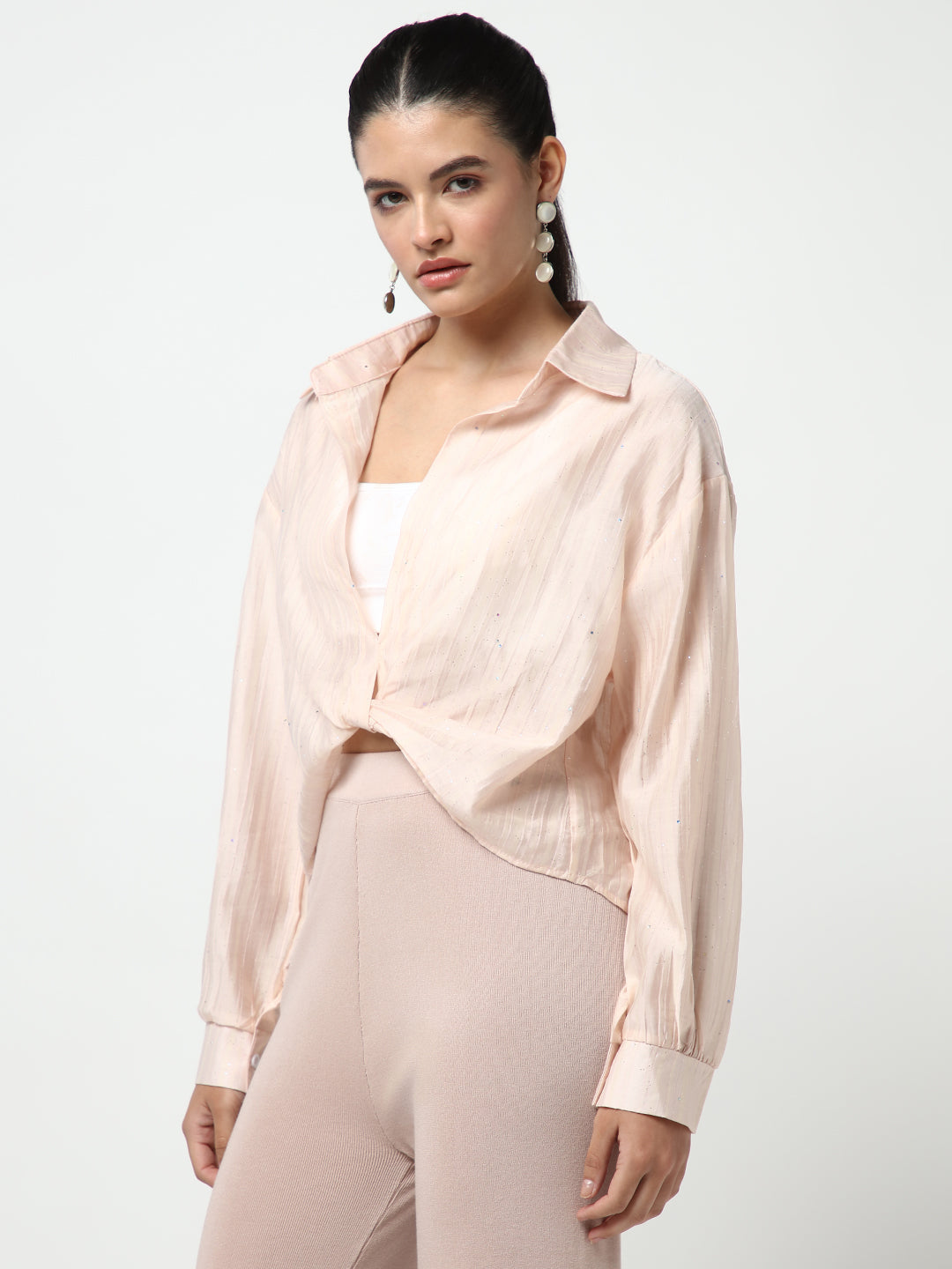 Women Peach Solid Shirt Style Crop Top