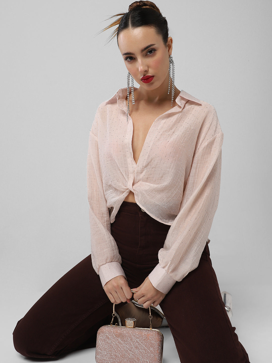 Women Pink Solid Shirt Style Crop Top