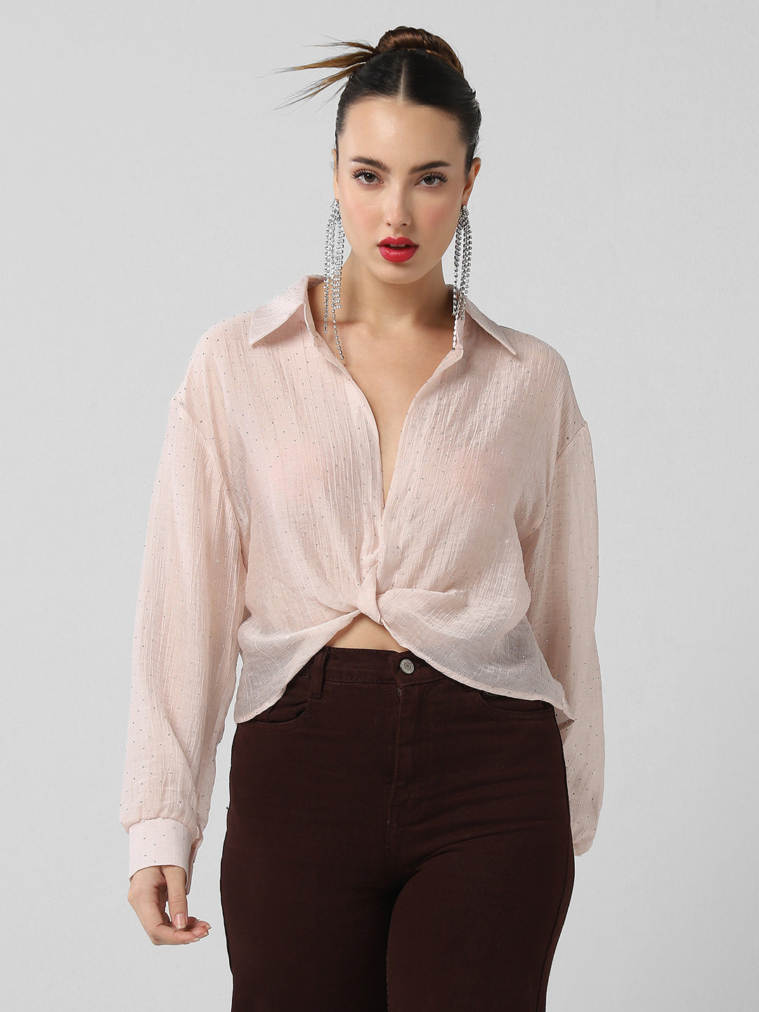 Women Pink Solid Shirt Style Crop Top