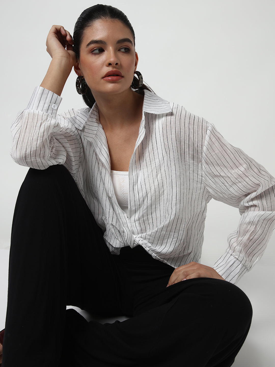 Women White Striped Shirt Style Crop Top