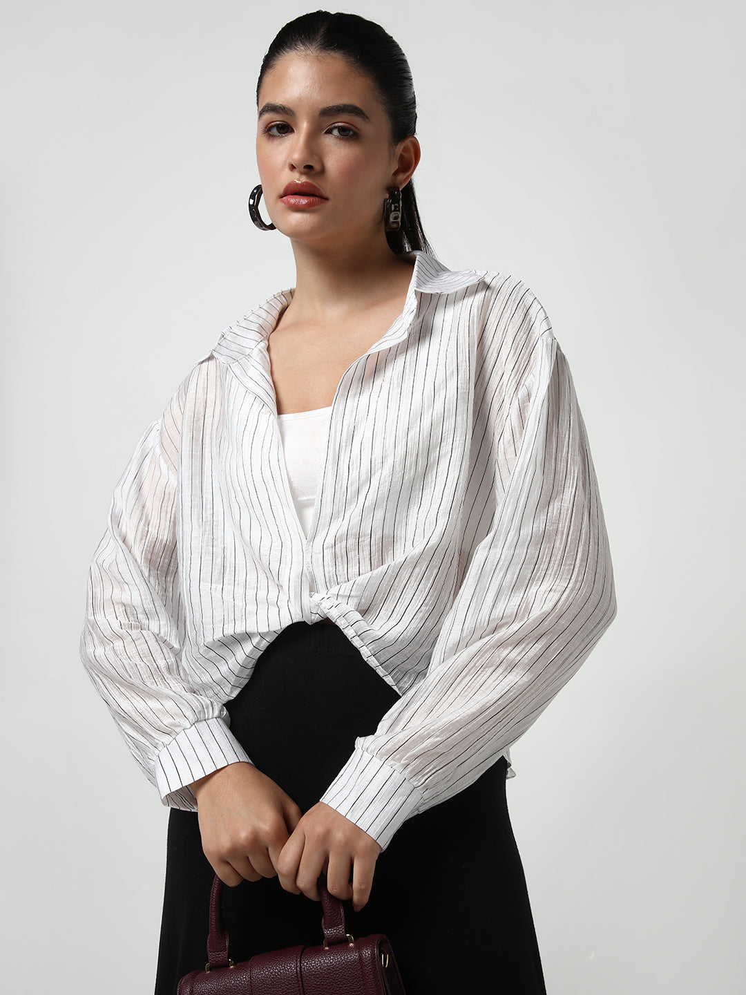 Women White Striped Shirt Style Crop Top