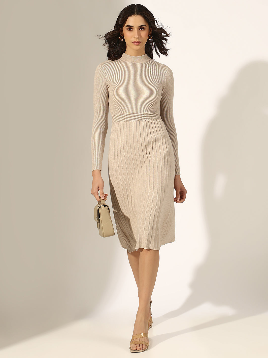 Women's Beige Knitted Fit and Flare Midi Dress