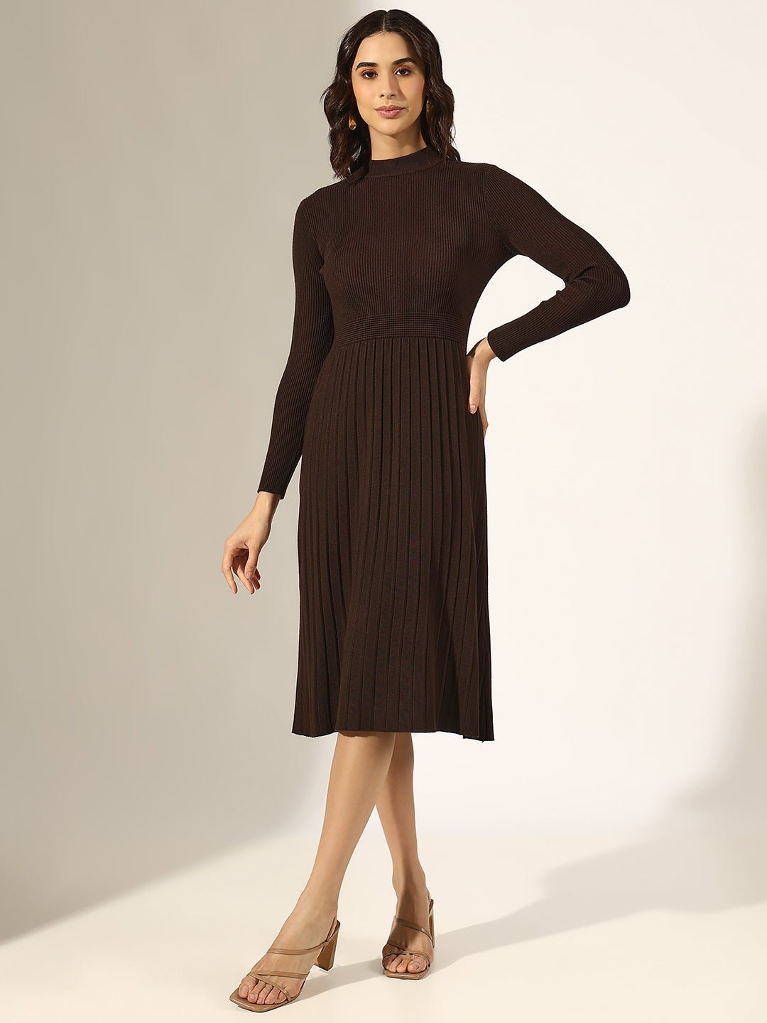 Women's Brown Knitted Fit and Flare Midi Dress