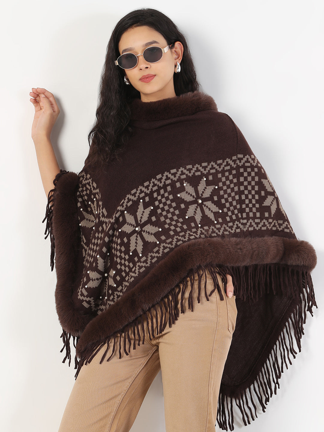 Women Round Neck Geometric Brown Longline Poncho