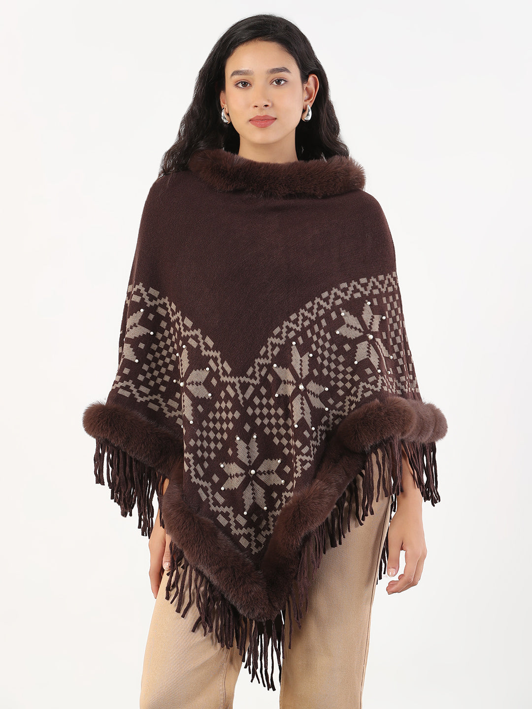 Women Round Neck Geometric Brown Longline Poncho