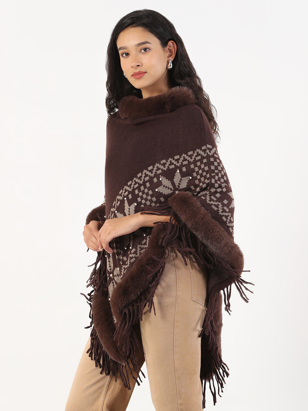 Women Round Neck Geometric Brown Longline Poncho