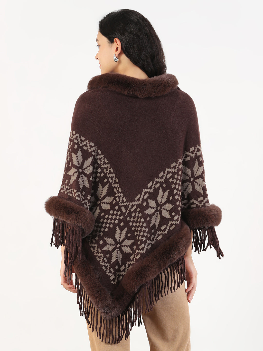 Women Round Neck Geometric Brown Longline Poncho