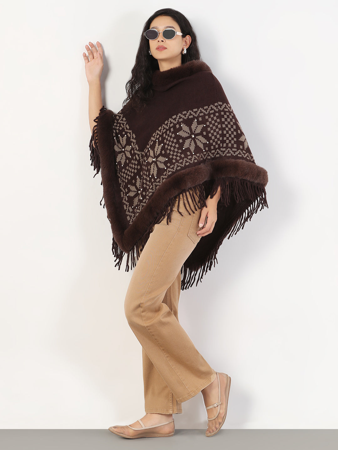 Women Round Neck Geometric Brown Longline Poncho