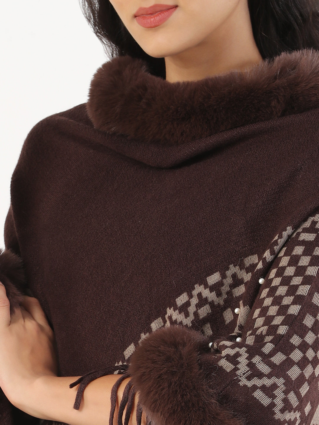 Women Round Neck Geometric Brown Longline Poncho