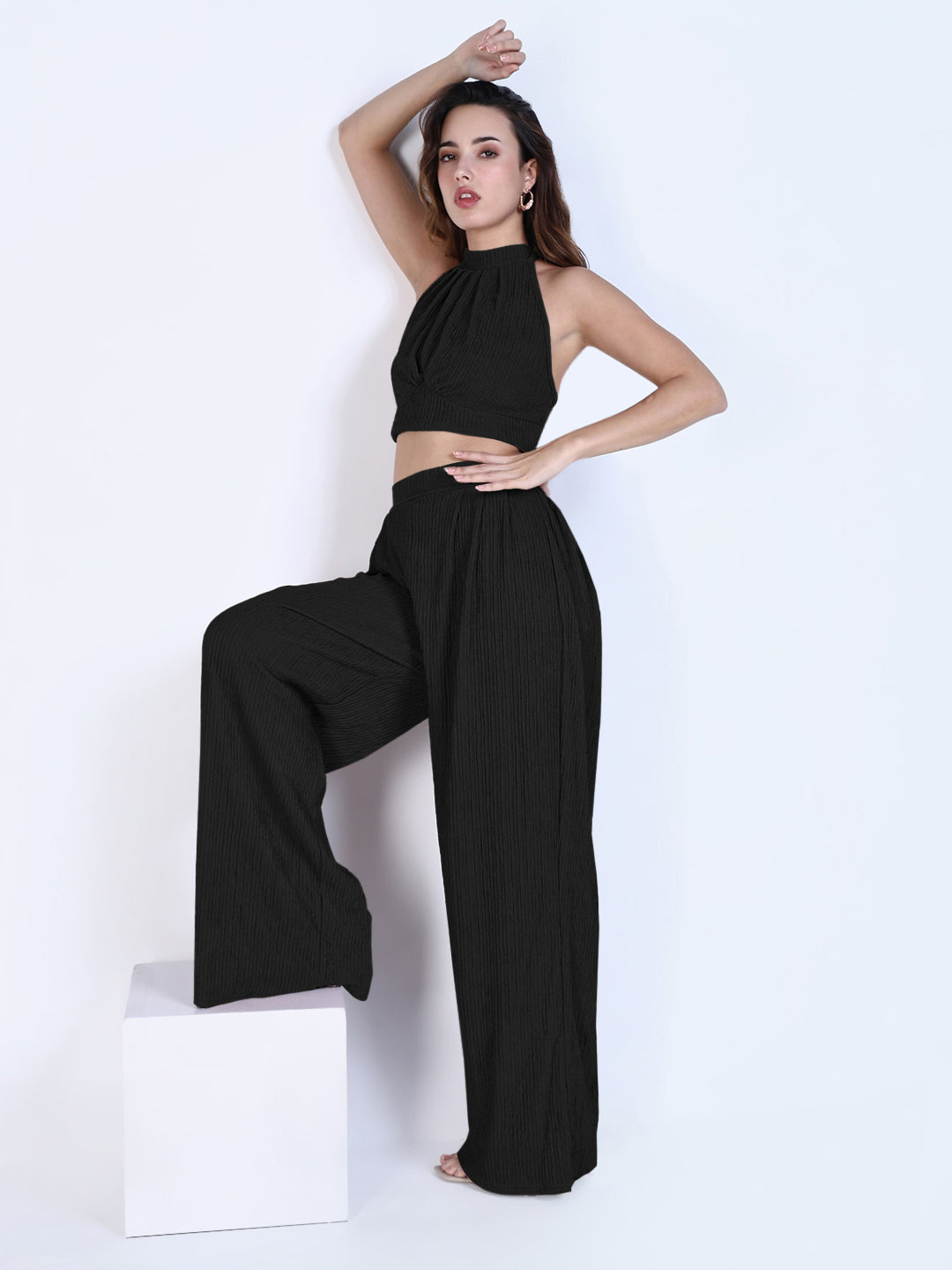 Women's Textured Black Halter Neck Crop Top & Wide Leg Trouser Co-ord Set
