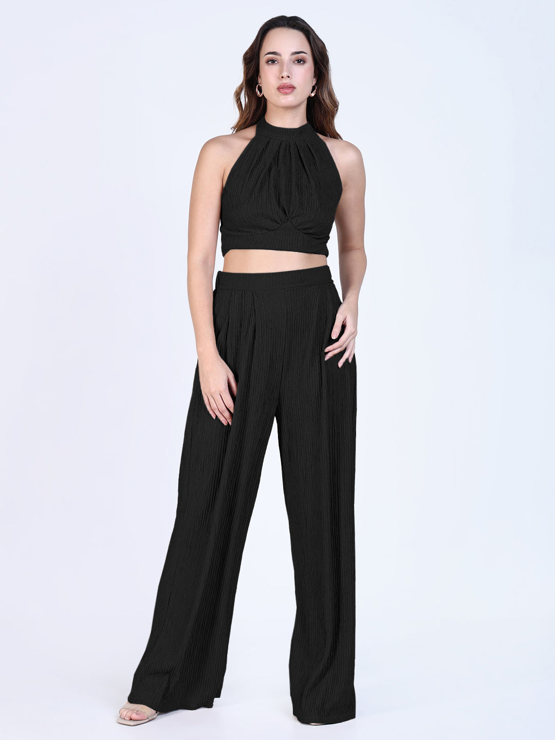 Women's Textured Black Halter Neck Crop Top & Wide Leg Trouser Co-ord Set