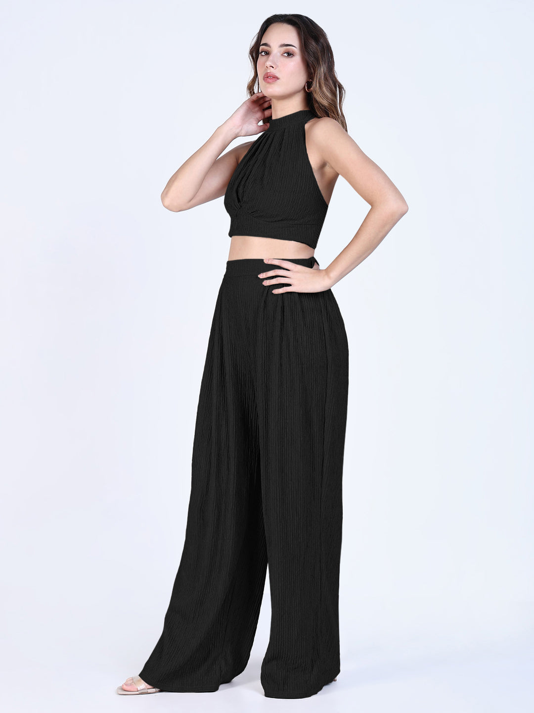 Women's Textured Black Halter Neck Crop Top & Wide Leg Trouser Co-ord Set