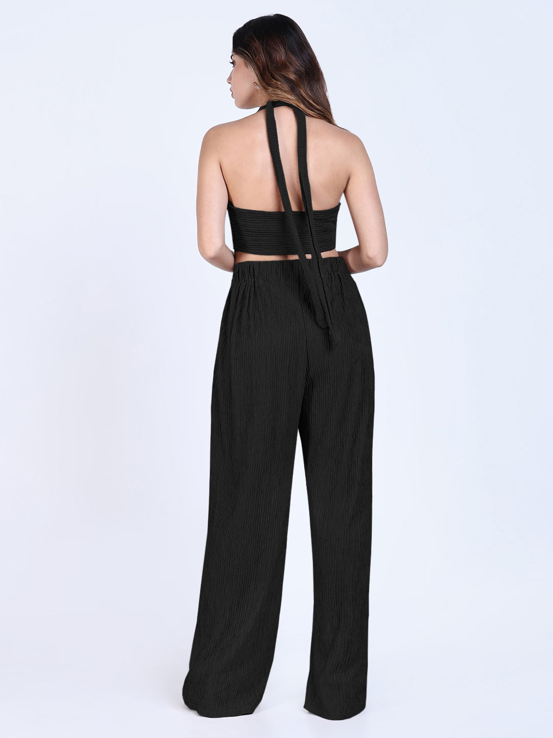 Women's Textured Black Halter Neck Crop Top & Wide Leg Trouser Co-ord Set