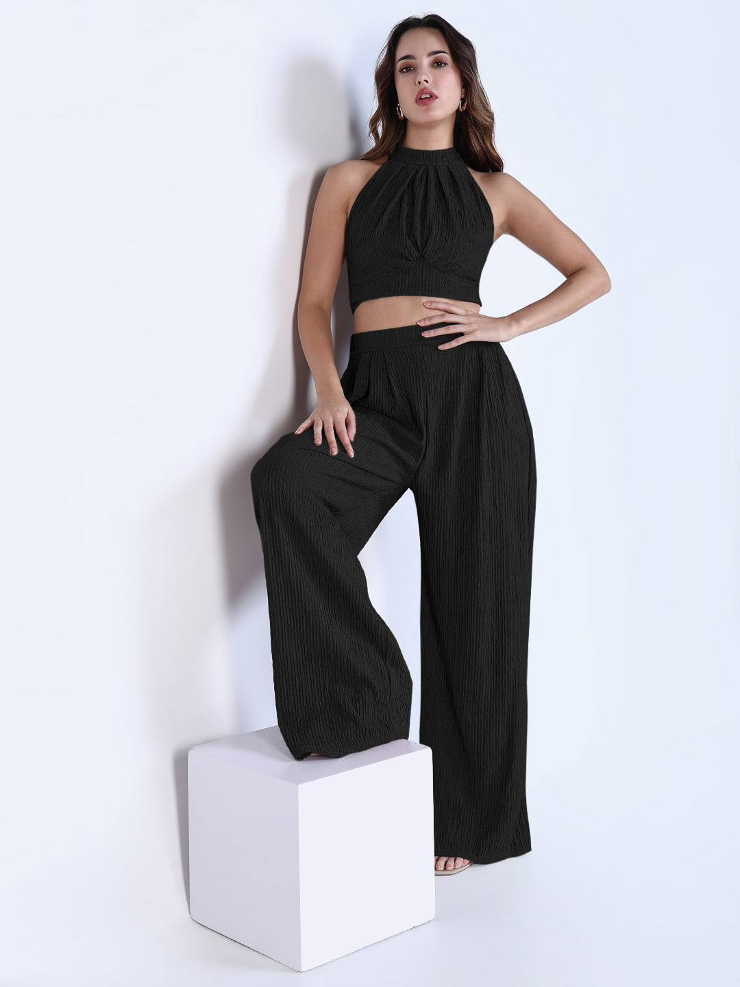 Women's Textured Black Halter Neck Crop Top & Wide Leg Trouser Co-ord Set