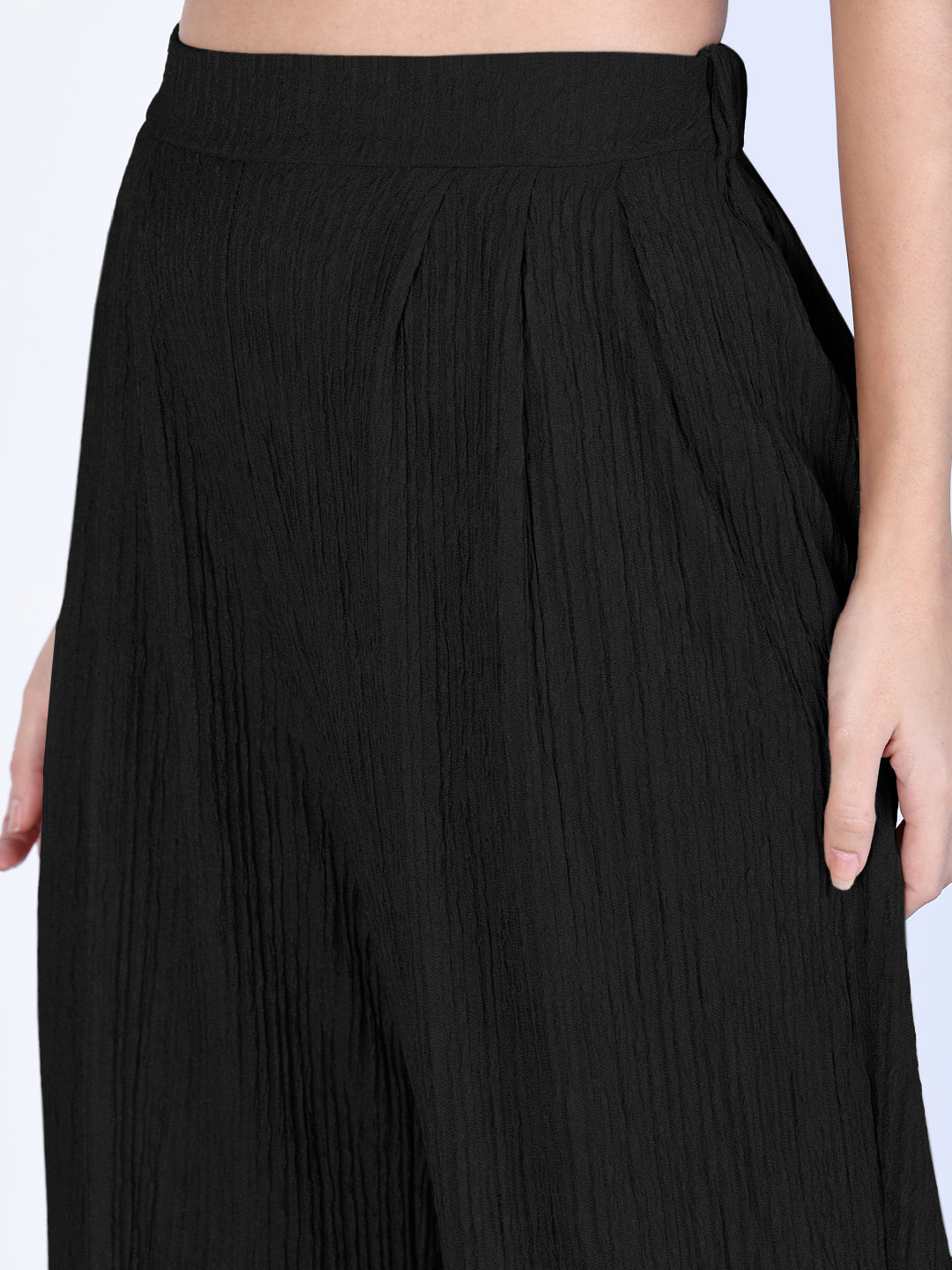 Women's Textured Black Halter Neck Crop Top & Wide Leg Trouser Co-ord Set