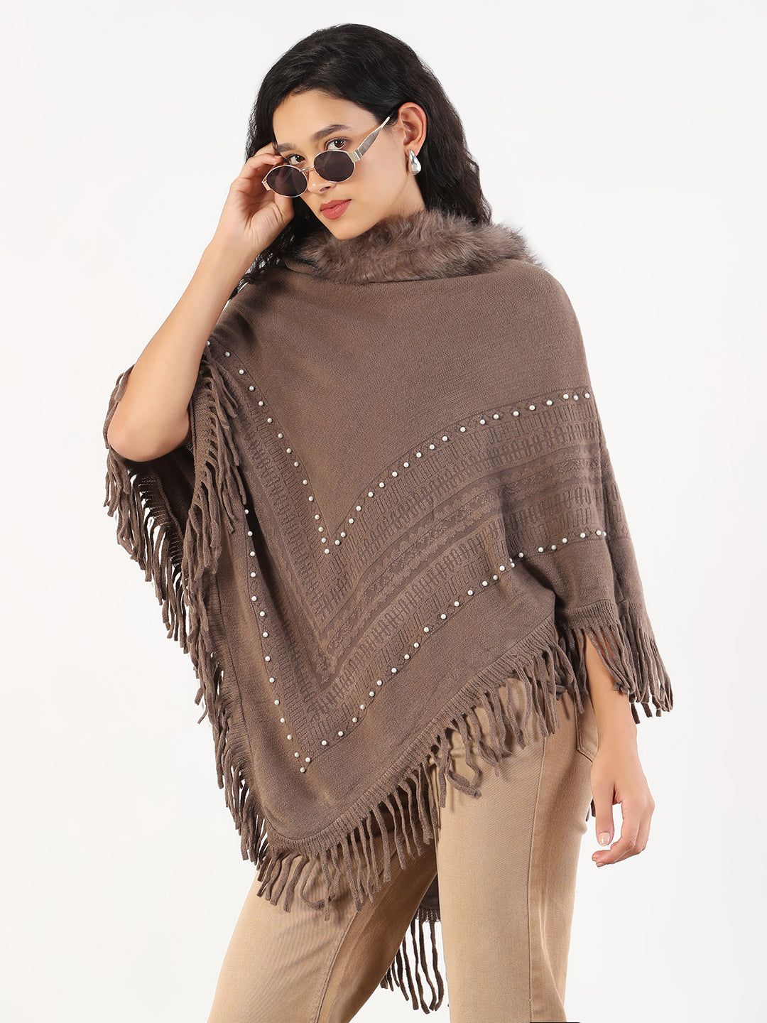 Women Round Neck Solid Brown Longline Poncho