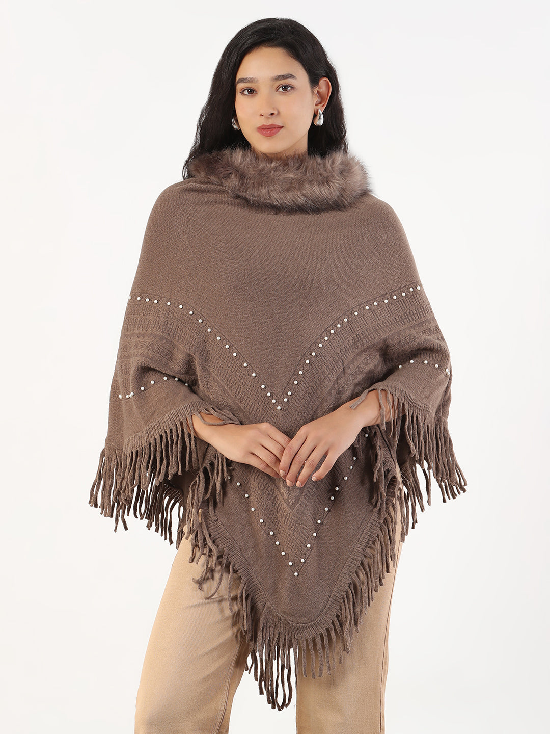 Women Round Neck Solid Brown Longline Poncho