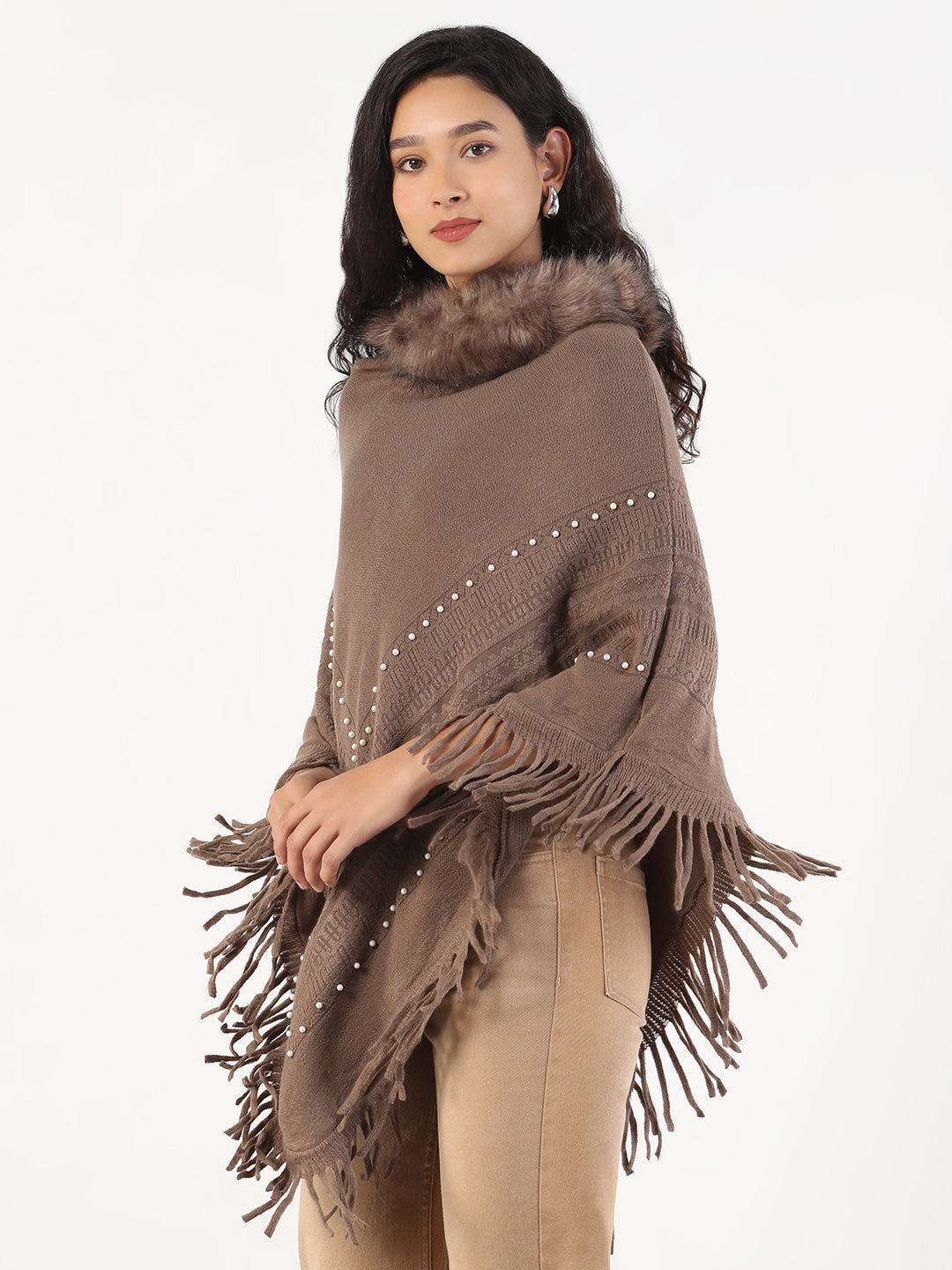 Women Round Neck Solid Brown Longline Poncho