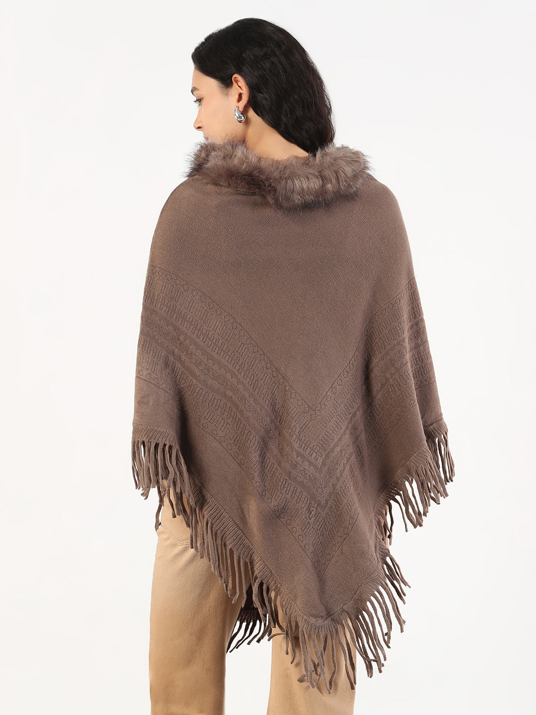 Women Round Neck Solid Brown Longline Poncho