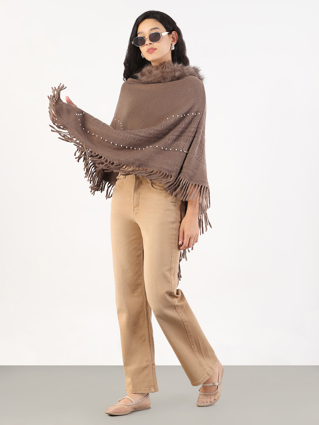 Women Round Neck Solid Brown Longline Poncho