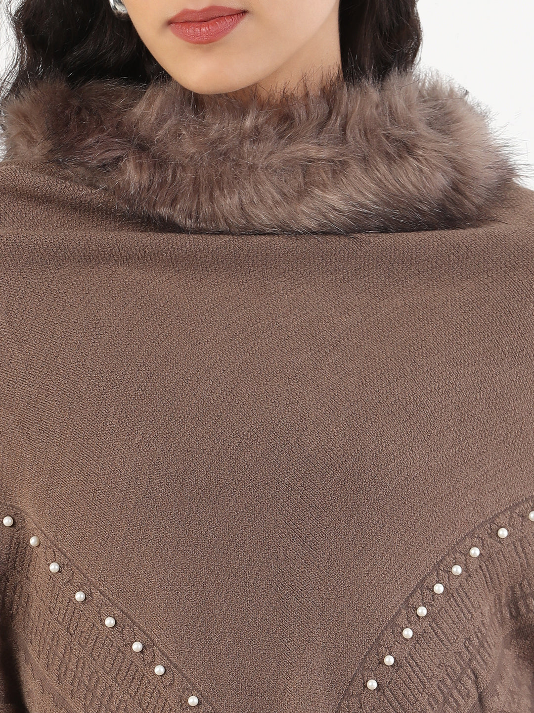 Women Round Neck Solid Brown Longline Poncho