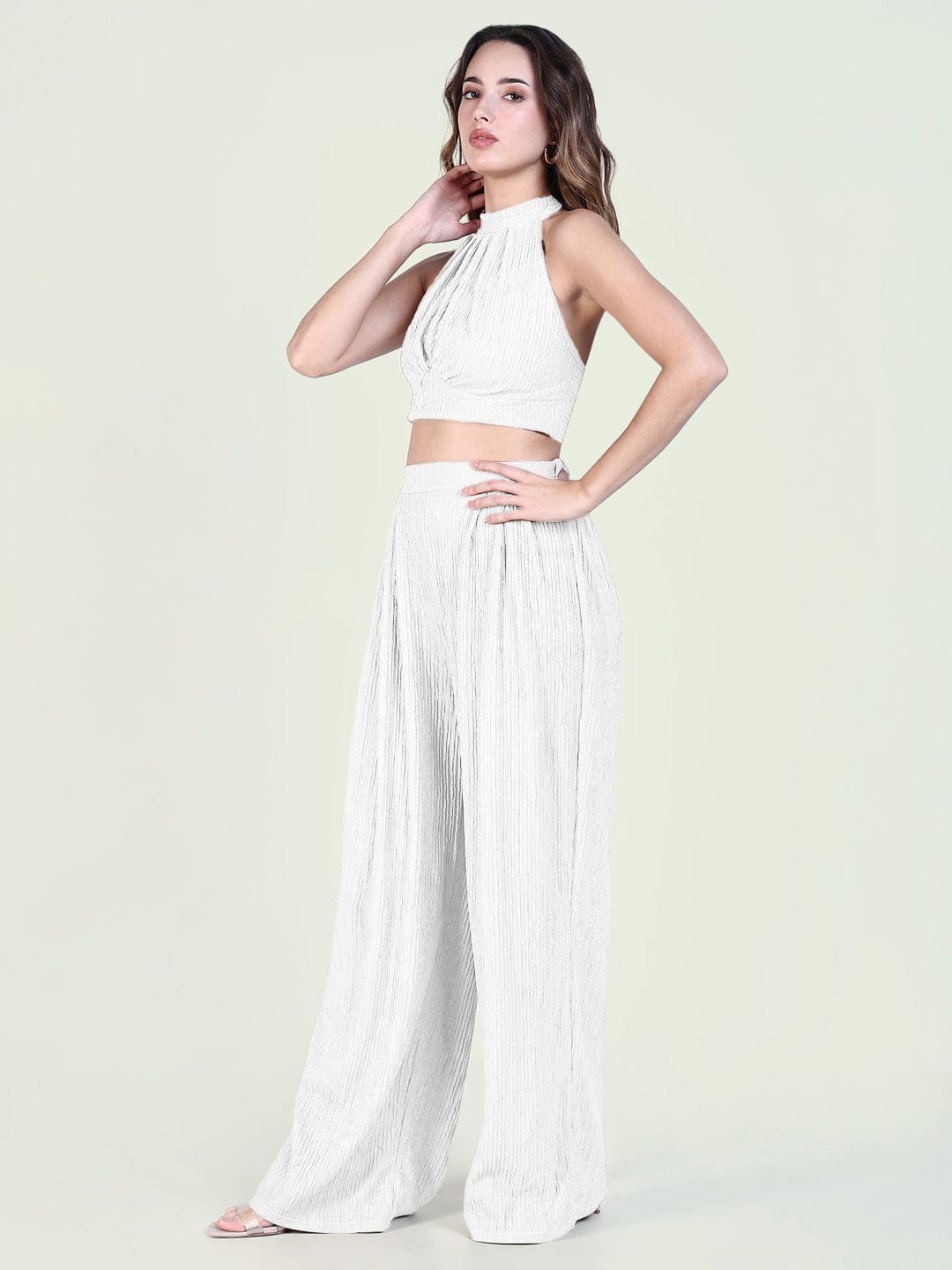 Women's Textured White Halter Neck Top with Pants Co-Ords Set