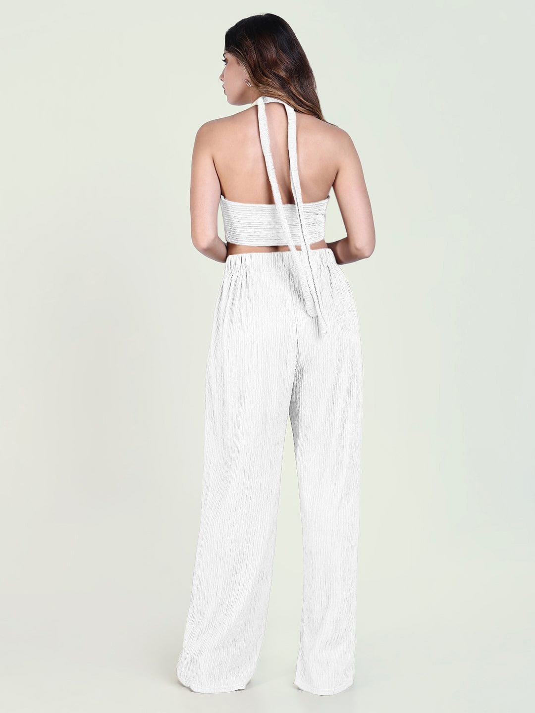 Women's Textured White Halter Neck Top with Pants Co-Ords Set