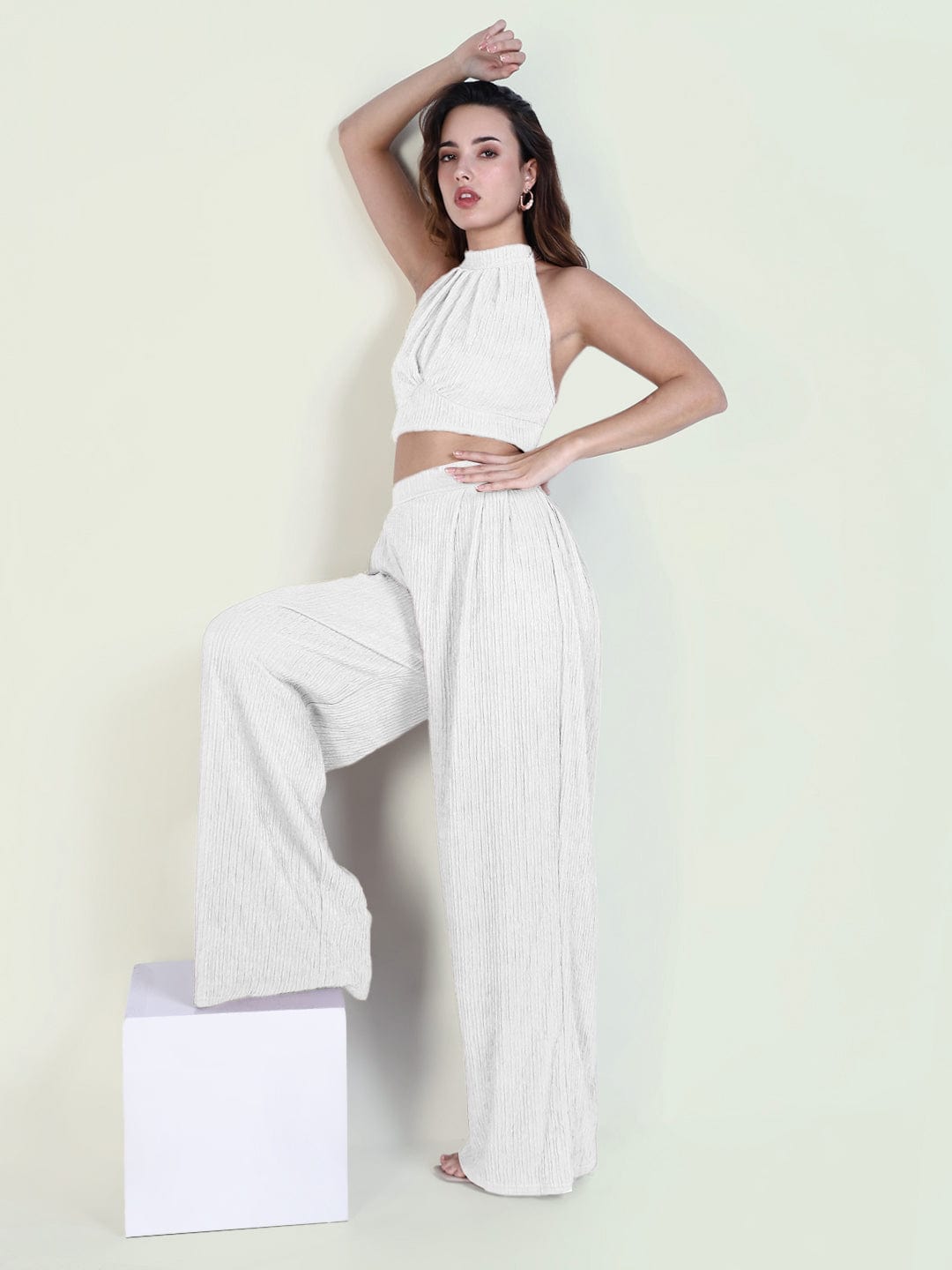 Women's Textured White Halter Neck Top with Pants Co-Ords Set