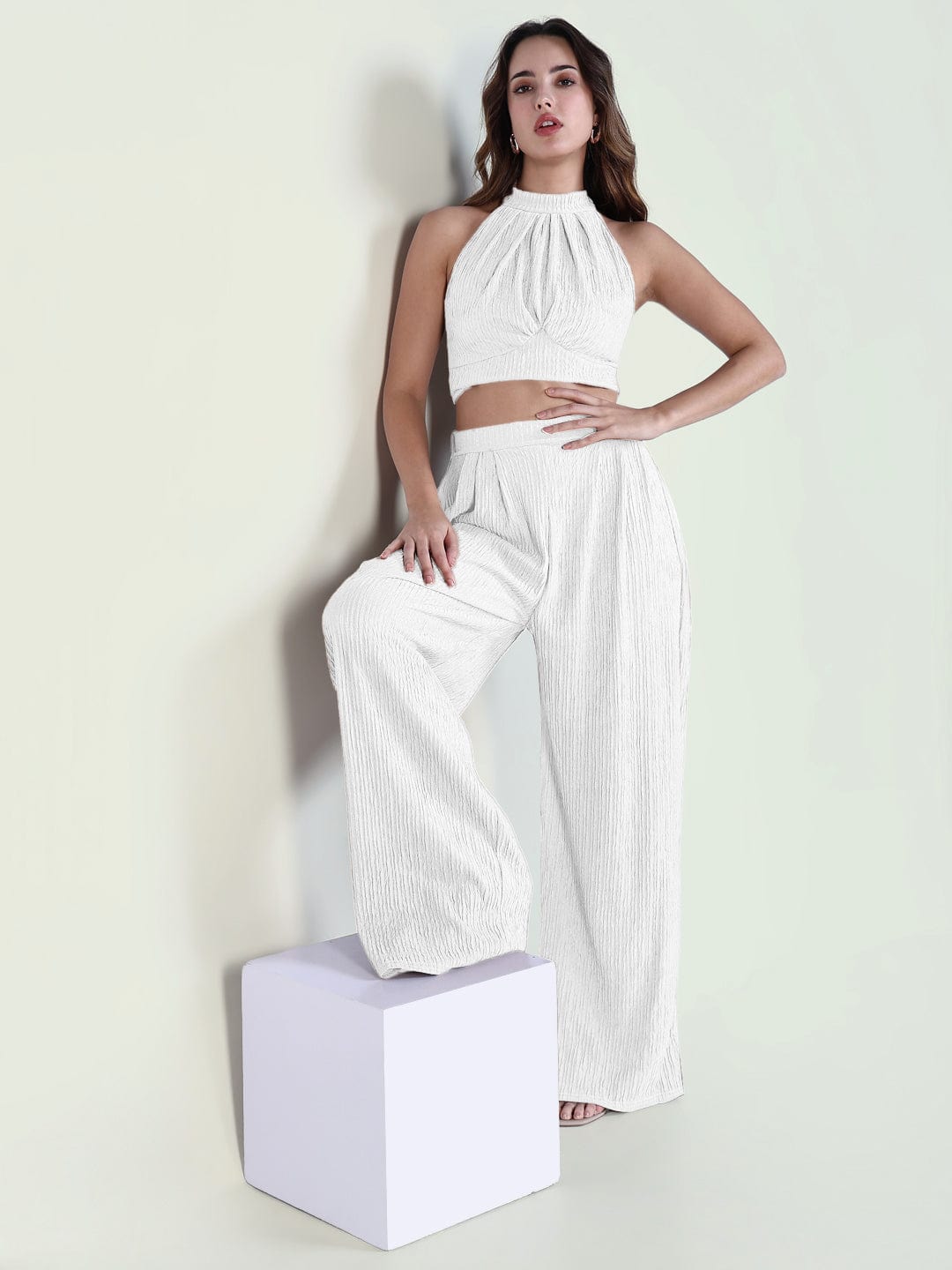 Women's Textured White Halter Neck Top with Pants Co-Ords Set