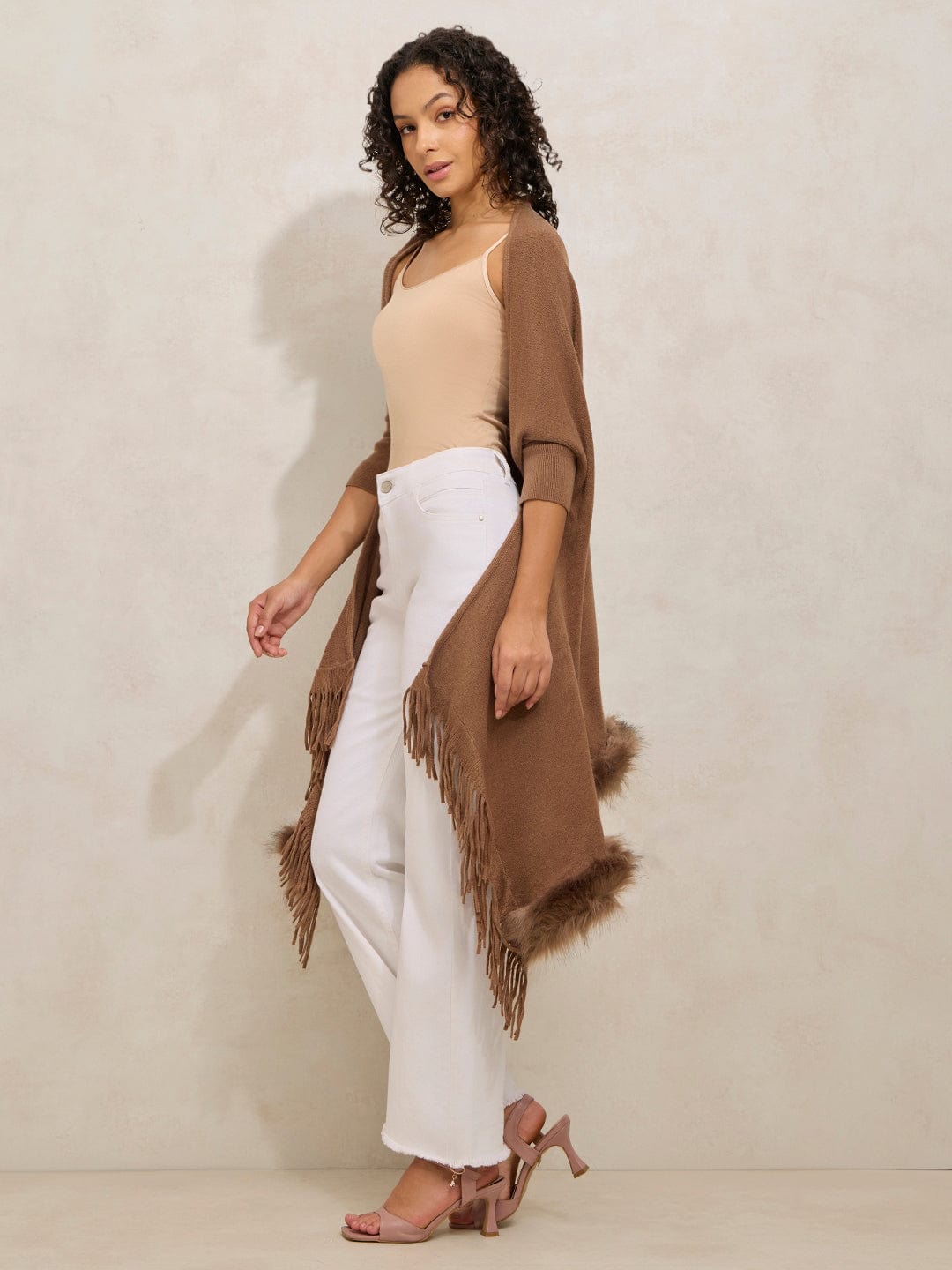 Women's Brown Faux Fur Trim Open Front Poncho with Fringe Detailing