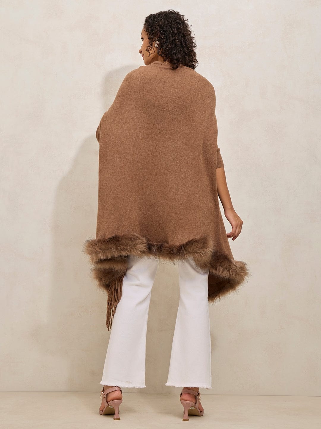 Women's Brown Faux Fur Trim Open Front Poncho with Fringe Detailing