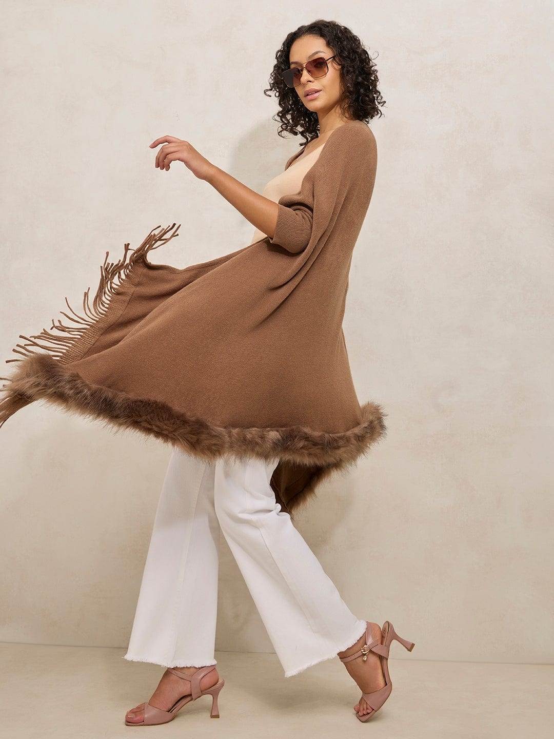 Women's Brown Faux Fur Trim Open Front Poncho with Fringe Detailing