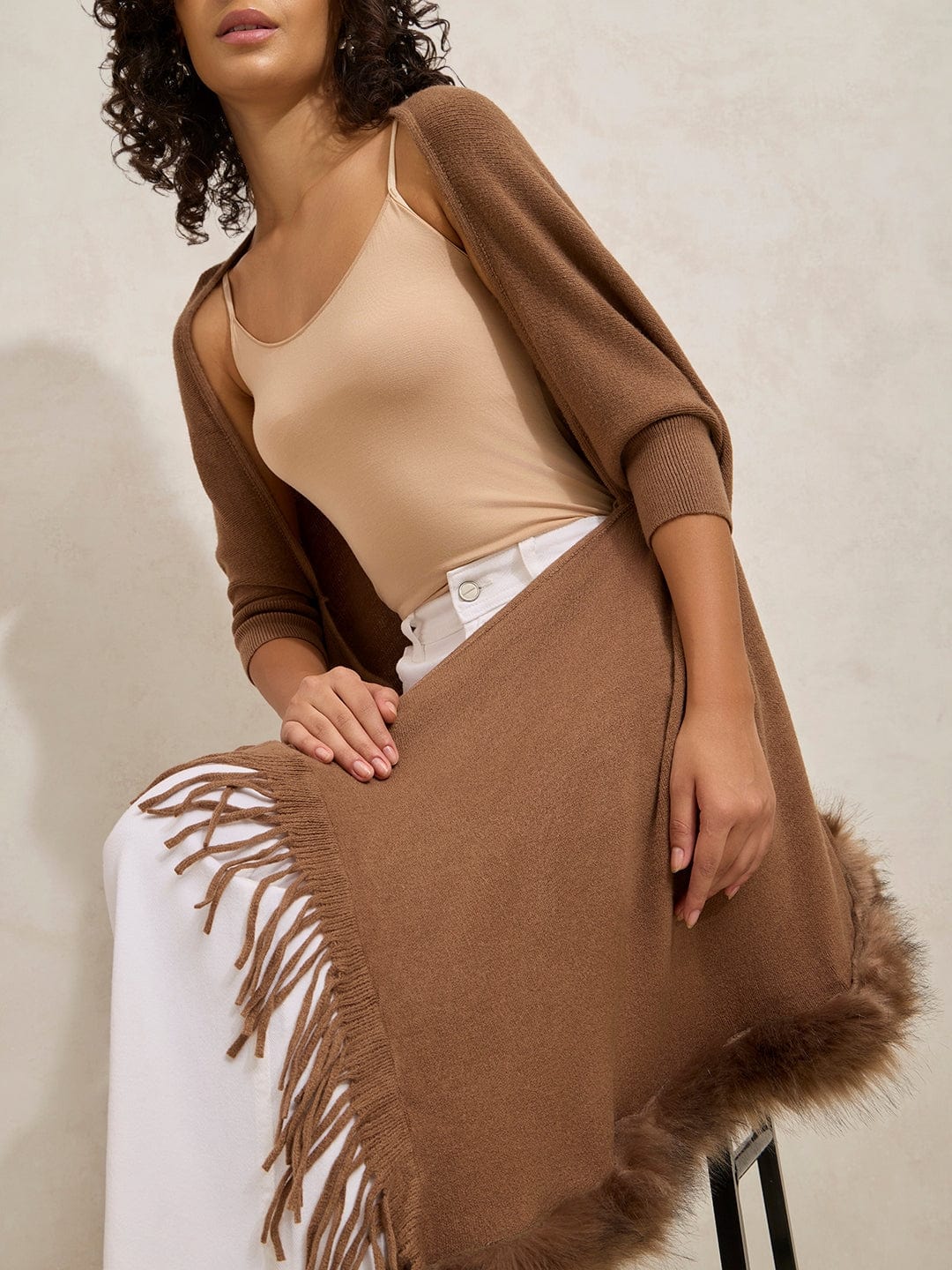 Women's Brown Faux Fur Trim Open Front Poncho with Fringe Detailing