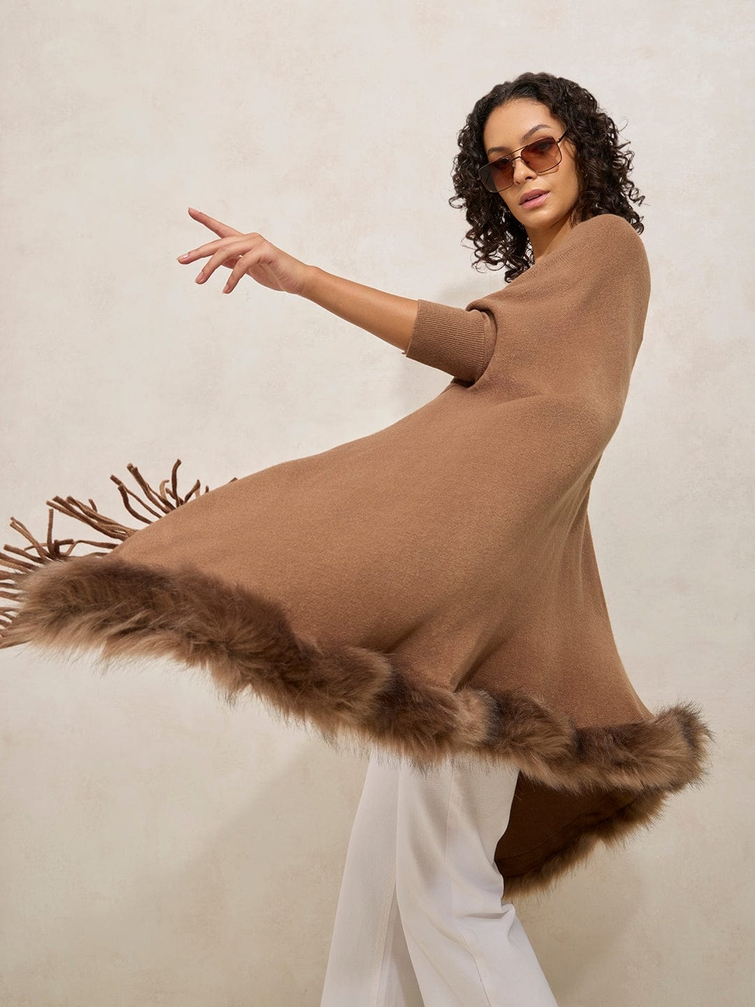 Women's Brown Faux Fur Trim Open Front Poncho with Fringe Detailing