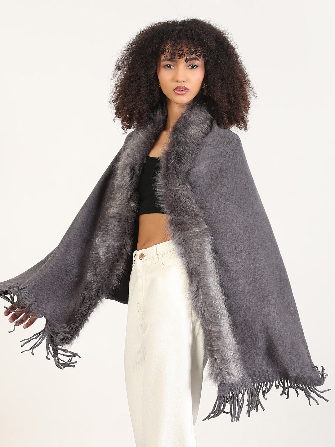 Women's Solid Grey Fringed Edge Poncho