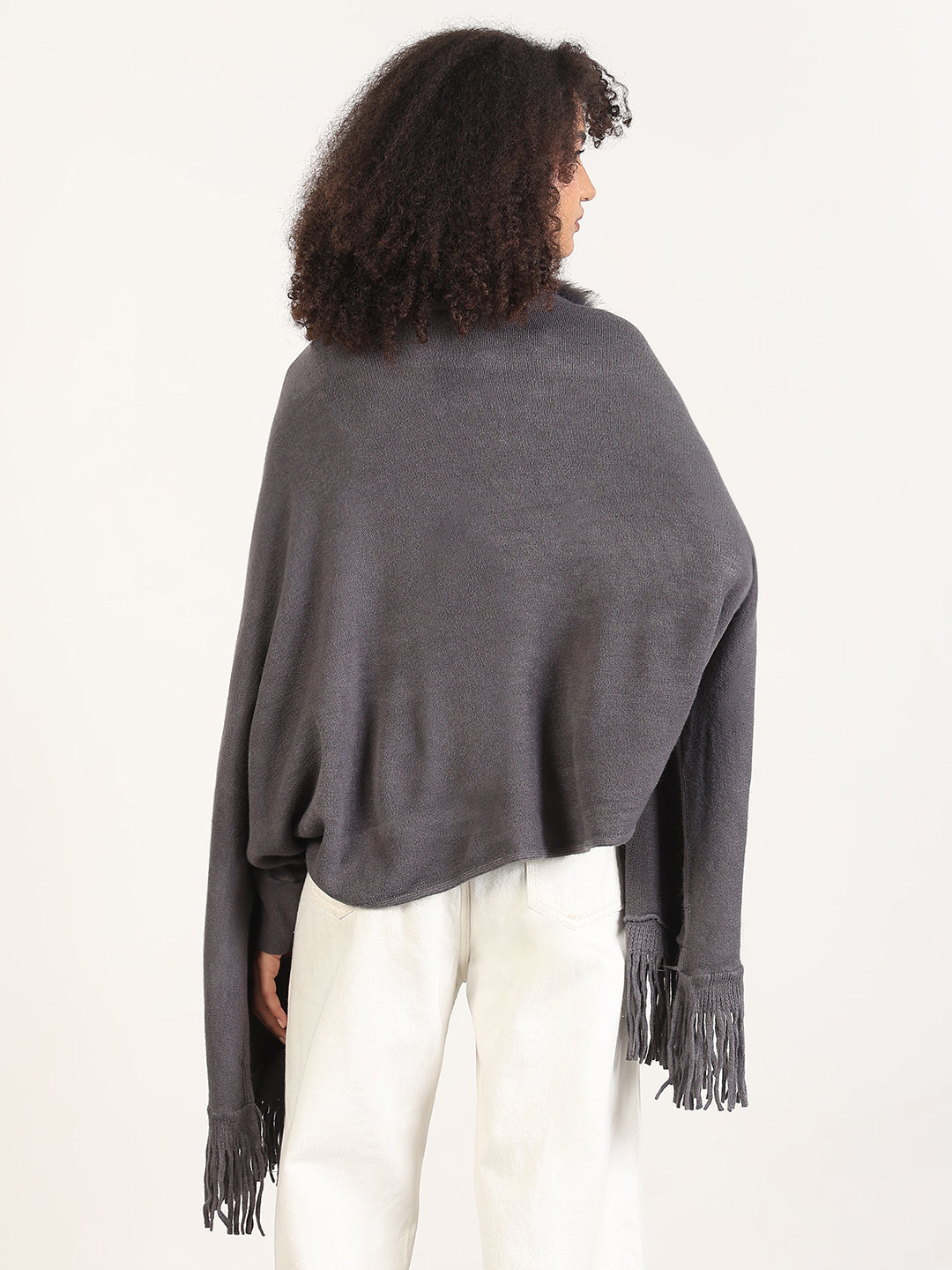 Women's Solid Grey Fringed Edge Poncho