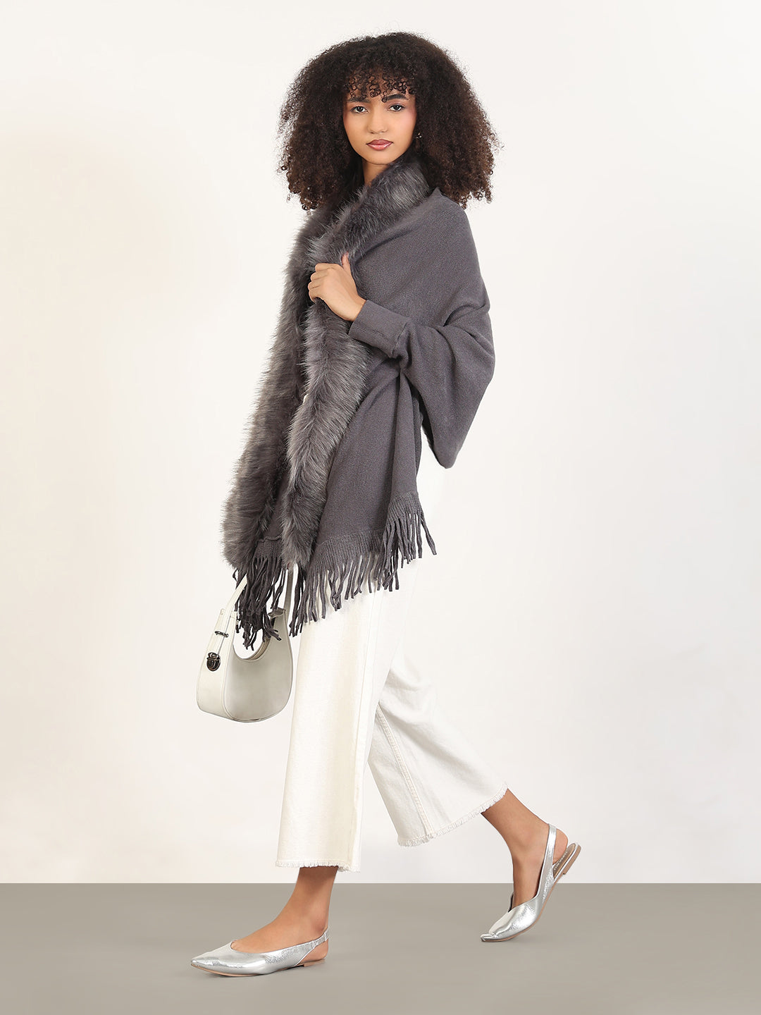 Women's Solid Grey Fringed Edge Poncho