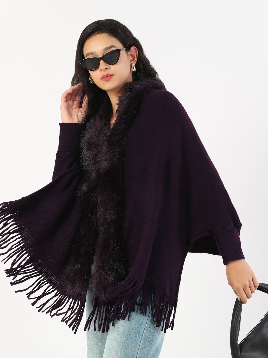 Women V-Neck Solid Purple Longline Poncho