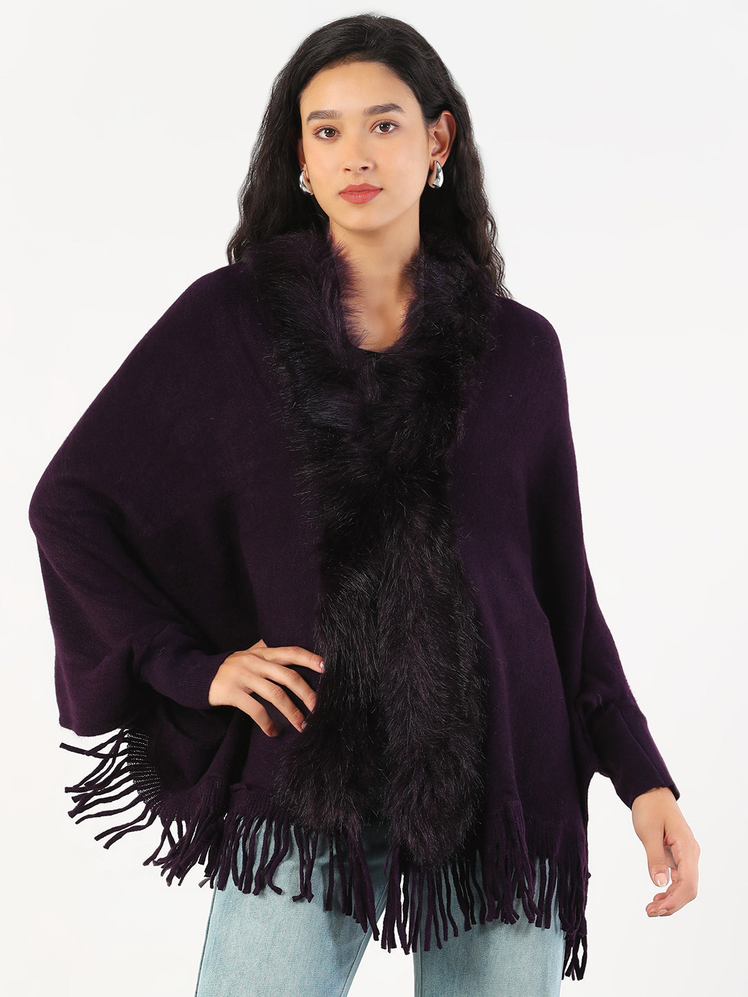 Women V-Neck Solid Purple Longline Poncho