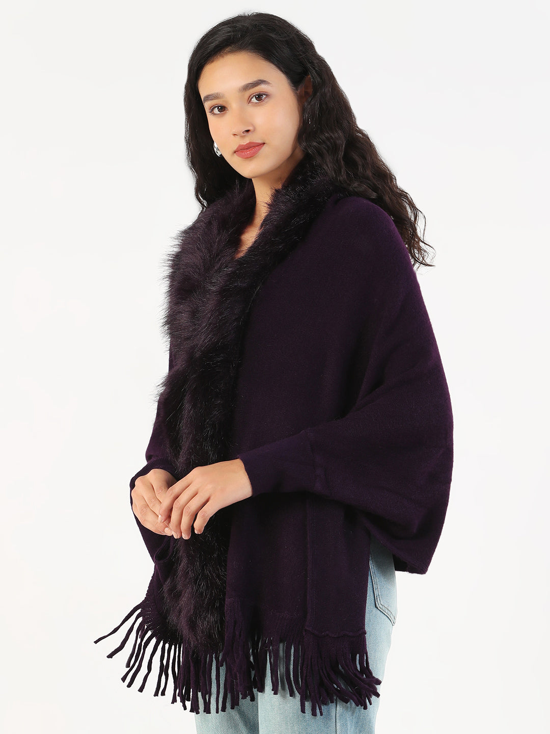 Women V-Neck Solid Purple Longline Poncho